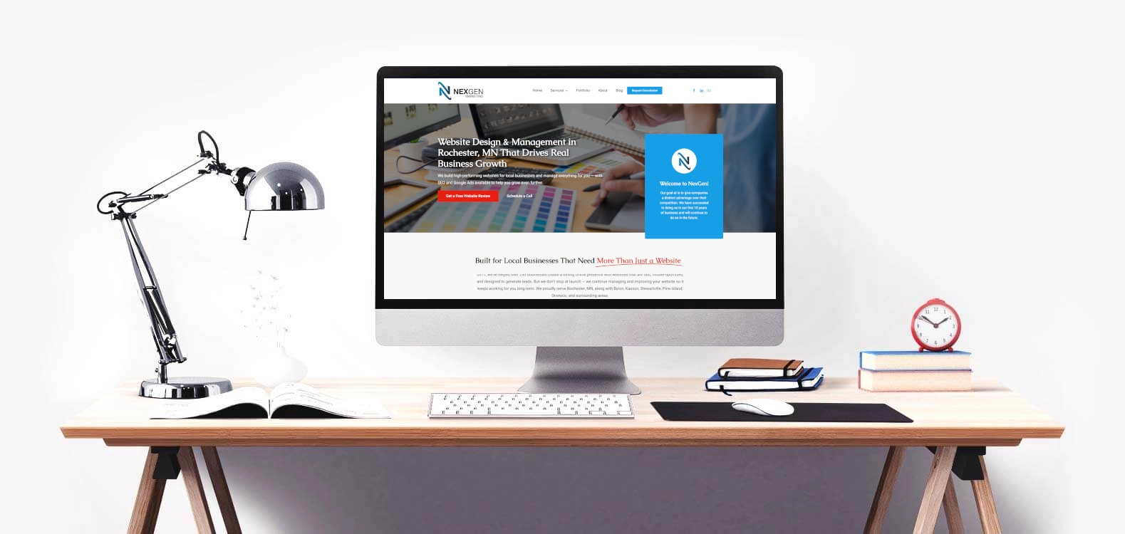 Custom website design displayed on a desktop computer for a Rochester, MN business