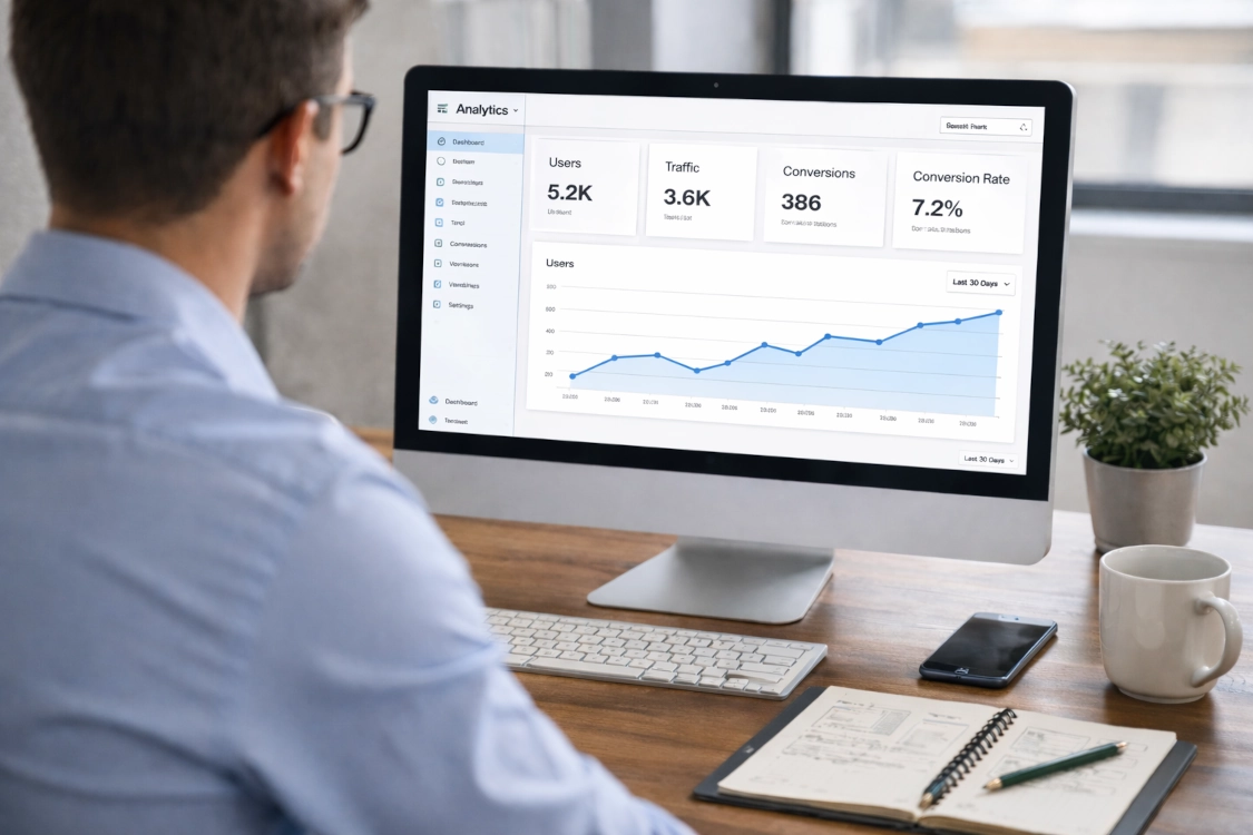 Website analytics dashboard showing traffic and conversions for a Rochester MN business website
