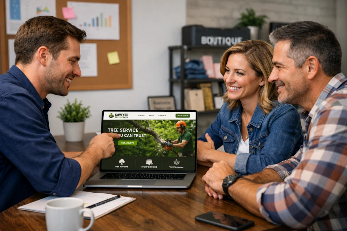 Small business owners reviewing tree service website design with web designer in Rochester MN