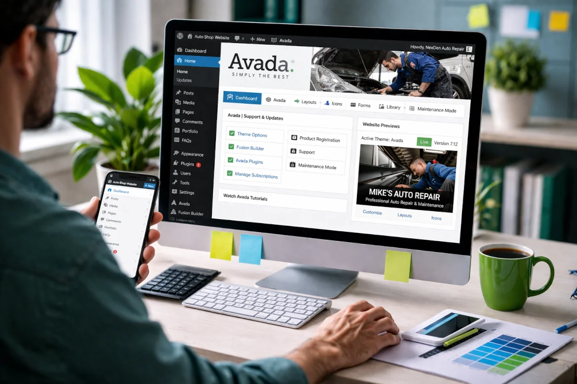 WordPress website management using Avada theme with updates and performance monitoring in Rochester, MN
